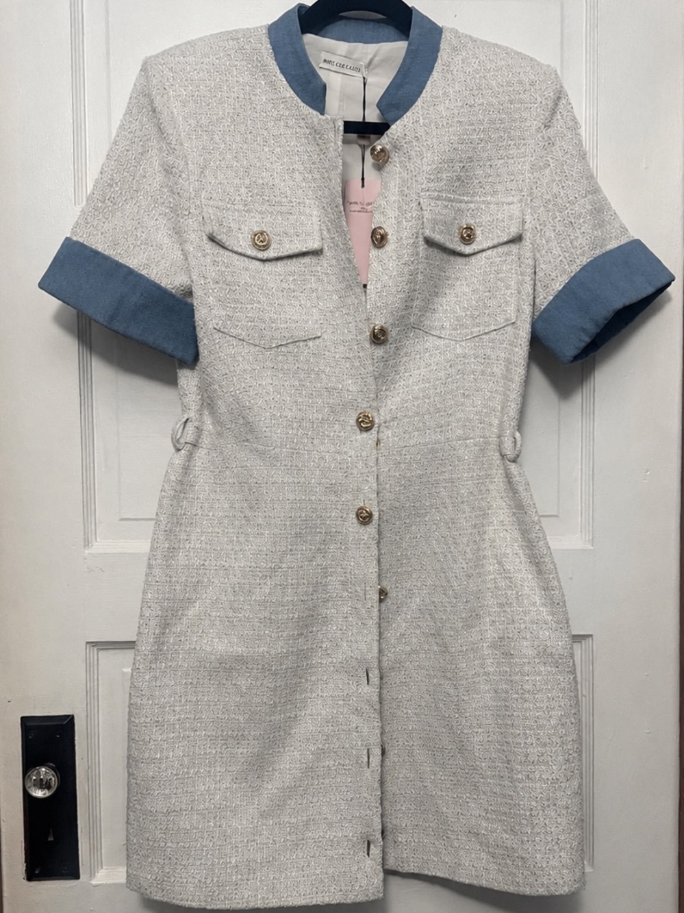 New Avec Les Filles Contrast Denim Tweed Mini Dress Ivory 8 M Preppy Quiet luxur - Picture 8 of 8
